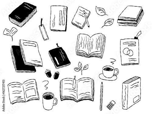 手描きテイストな秋の読書グッズのイラストセット(モノクロ線画)