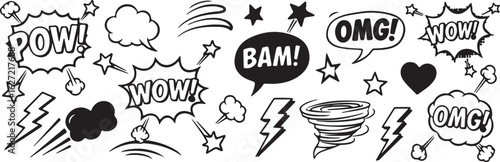 Collection of comic book style sound effects and speech bubbles isolated on transparent background
