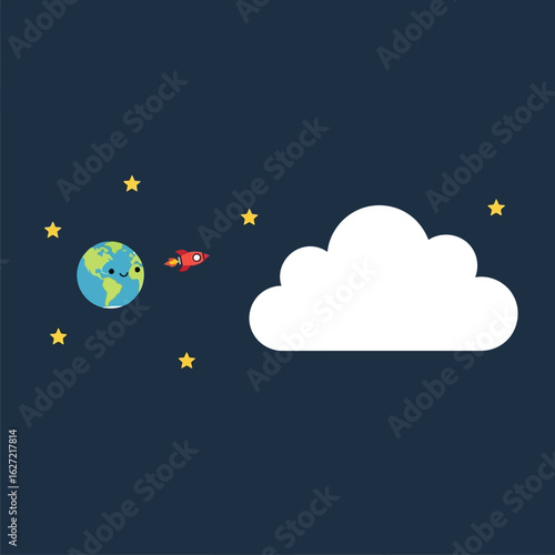 Cute cartoon rocket ship flies towards a smiling planet Earth in a starry night sky next to a fluffy cloud.