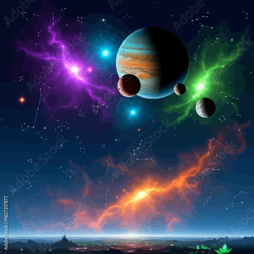 A breathtaking cosmic landscape showcases vibrant nebulae and multiple planets orbiting brightly lit stars above a futuristic cityscape.