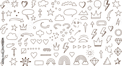 Collection of hand drawn doodle icons and symbols isolated on transparent background