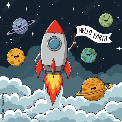 A cartoon rocket ship blasts off into space from a cloudscape, carrying a flag that reads "Hello Earth" amidst smiling planets and twinkling stars.