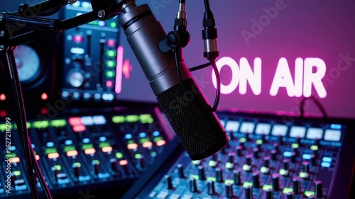 A vibrant radio studio glows with neon as a condenser mic stands ready beneath an ‘ON AIR’ sign. Mood lighting and sound gear capture the energy of live broadcast.