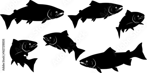 Six black salmon silhouettes swimming fish white background
