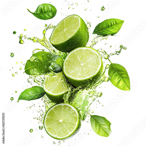 Some of Juicy green Lemon Slices in Water Splash and Fresh Citrus Refreshment