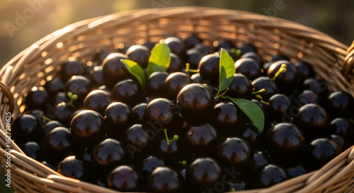 Wallpaper Mural A rustic wicker basket full of ripe purple berries glowing in the warm evening sun. Torontodigital.ca