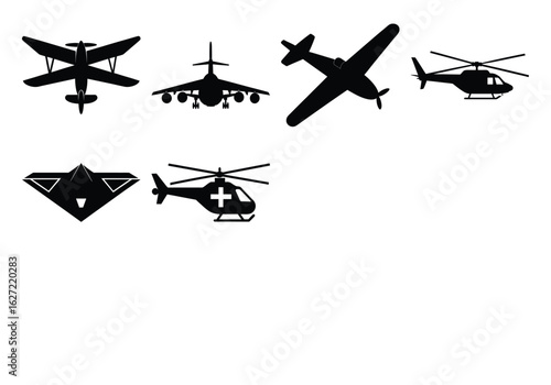 Collection of military aircraft silhouettes isolated on white background