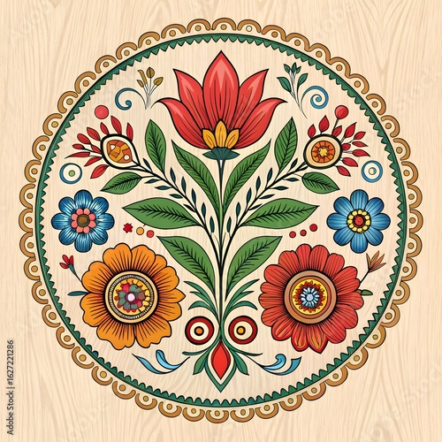 Colorful circular floral mandala with symmetrical folk art design in red, blue, green, and yellow.

