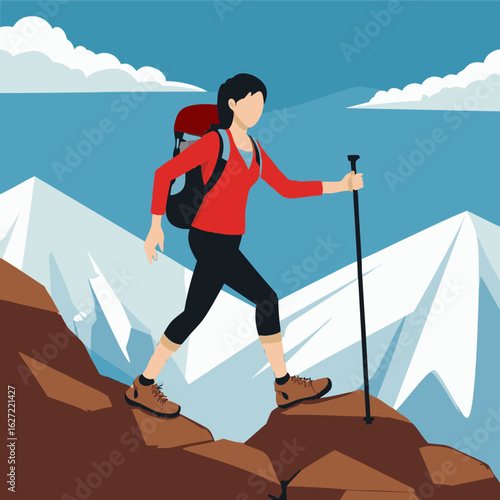 Hiker stepping carefully across loose scree on a mountainside