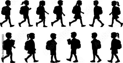 School children silhouettes collection. Diverse kids with backpacks walking to school. Back to school concept for educational projects, websites, and classroom materials.