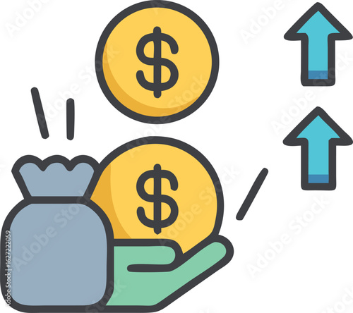 Hand holding money bag with rising arrows finance income