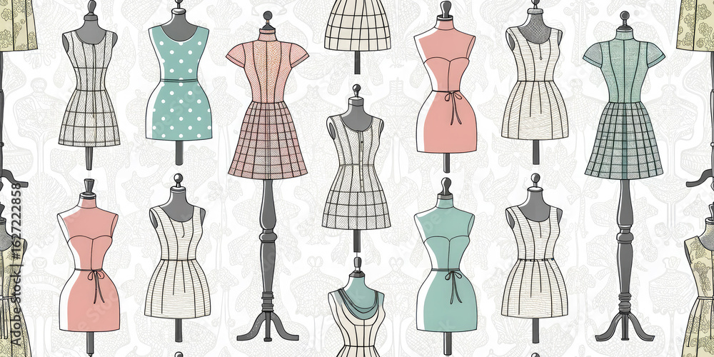 Chic fashion mannequins display stylish dresses, creating a sophisticated vintage sewing and design aesthetic. Chic fashion mannequins display stylish dresses, creating a sophisticated vintage sewing and design aesthetic.