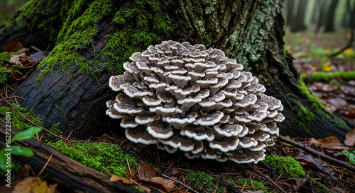 A large wild polypore fungus growing at the base of a mossy tree in the woods.