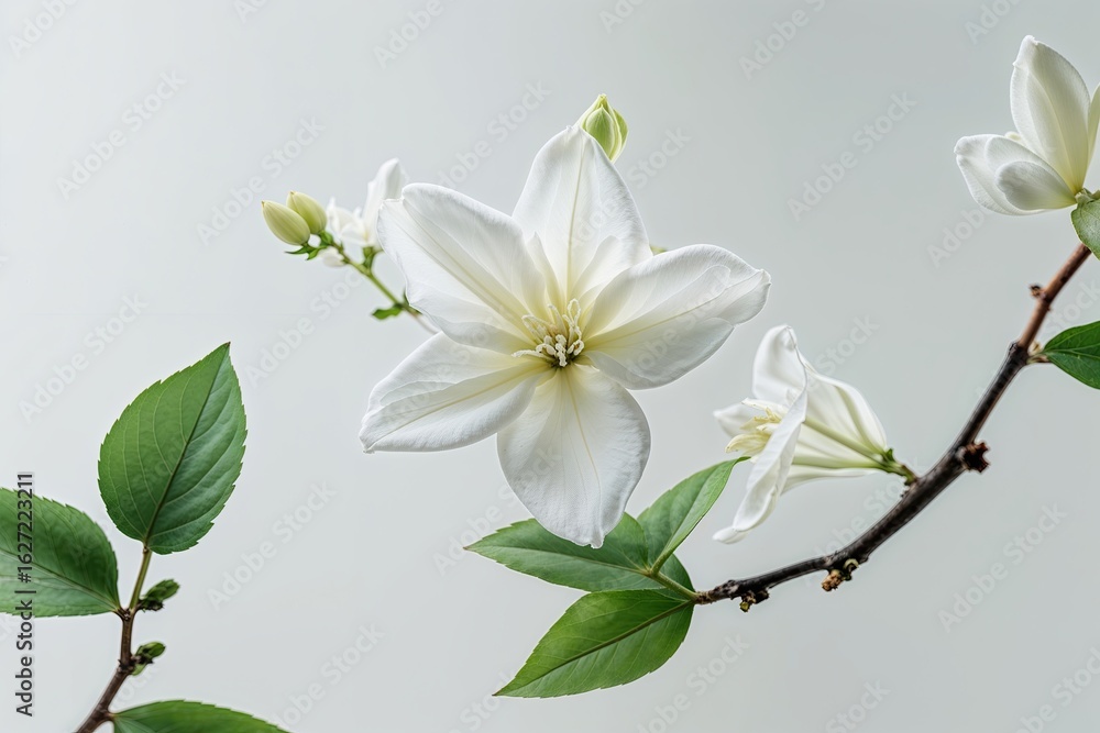 Fototapeta premium Elegant Jasmine Blossom Floating in Tranquil Space on White Background