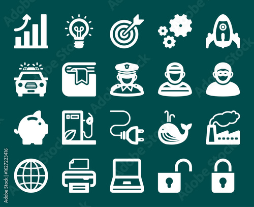 Icons collection, 20 icons dark green illustration vector