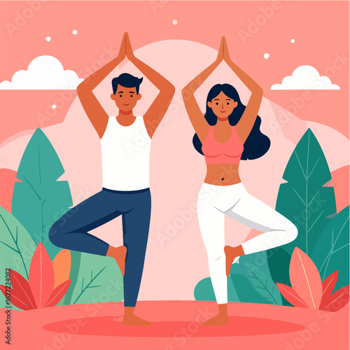 A vibrant illustration depicts a man and woman practicing Vrksasana (Tree Pose) yoga together against a stylized landscape of foliage, clouds and sky, promoting wellness and mindfulness.