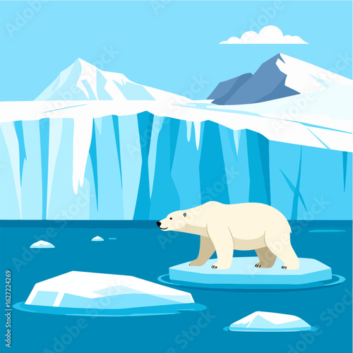 A minimalist illustration shows a polar bear standing on an iceberg, with mountains, an ice wall, a blue sky, and the ocean in the background, creating a simple and serene scene.
