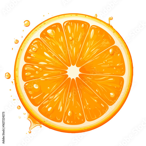 Freshly cut orange slice with juice droplets, rendered in a vibrant, cartoonish style against a clean white background, perfect for healthy eating and summertime themes.