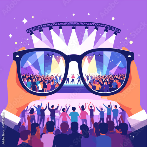 Person holding glasses displaying a vibrant concert scene, capturing the energy and excitement of the music event with colorful lights and an enthusiastic crowd.