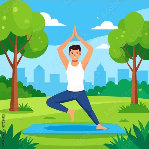 A smiling man in sportswear practices a balance yoga pose on a blue mat in a green park with trees and a cityscape, symbolizing health, mindfulness, and outdoor fitness.