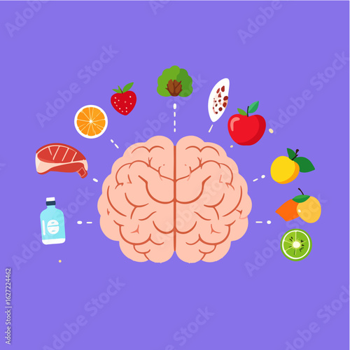 Illustration showing a brain surrounded by nutrient-rich foods like fruits, vegetables, supplements and meat, showcasing the importance of nutrition for brain health and cognitive function.