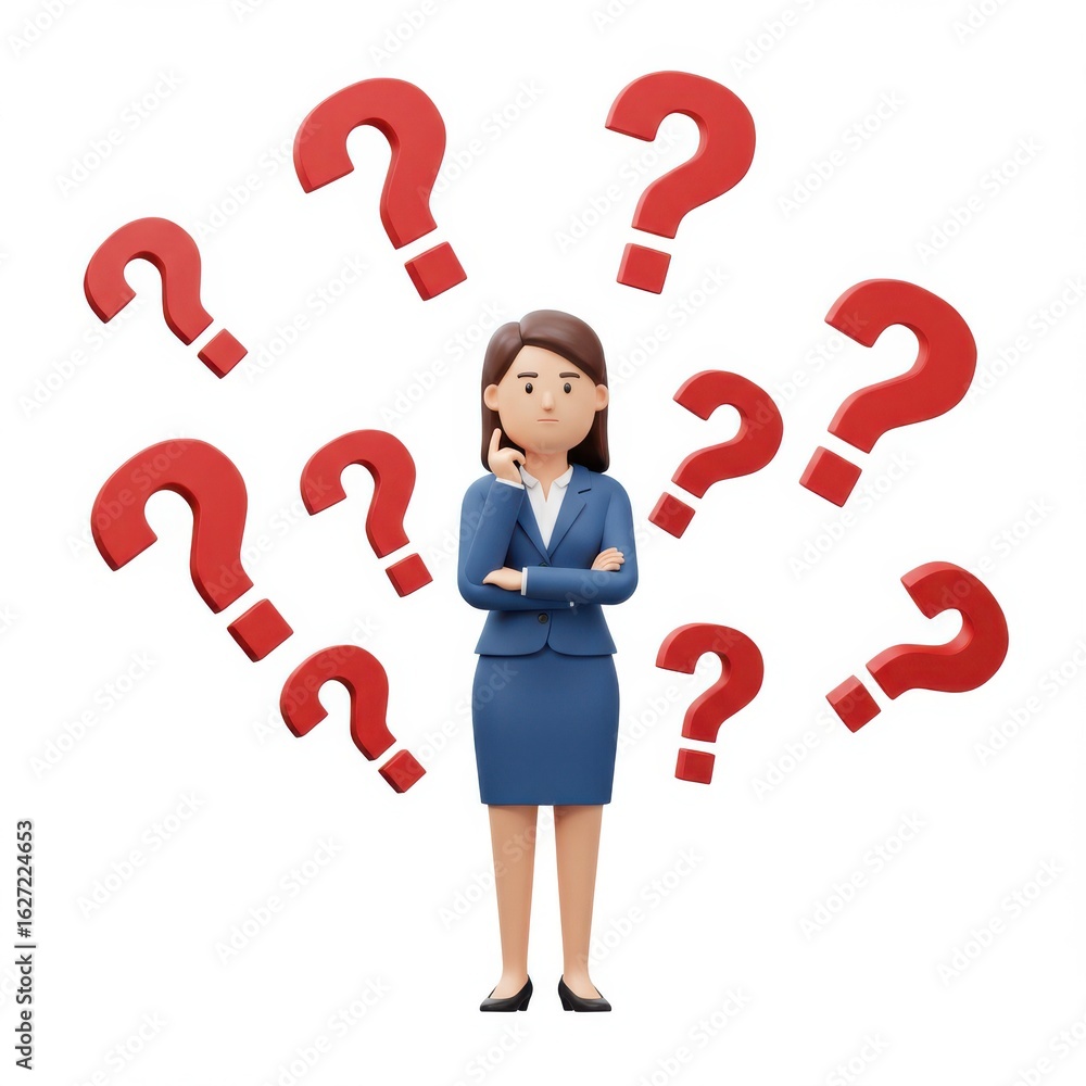 Pensive businesswoman with question marks isolated on white background. for presentations, education, and problem solving. Pensive businesswoman with question marks isolated on white background. for presentations, education, and problem solving.