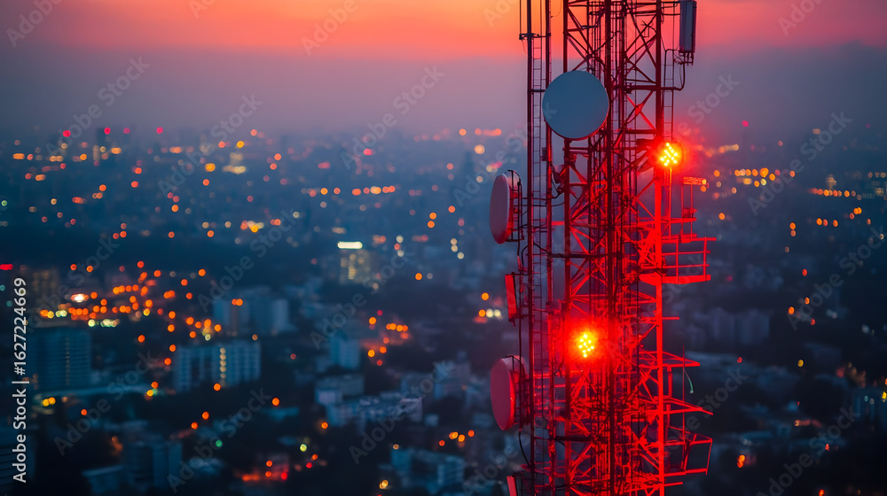 Naklejka premium Close-up view of a 5G cellular tower broadcasting wireless broadband signals, showcasing modern antennas for mobile data transmission and next-generation telecommunication networks.