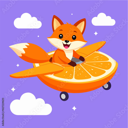 A cheerful cartoon fox soars through a whimsical sky in an orange slice airplane, surrounded by fluffy clouds and sparkling stars, conveying a sense of fun and adventure.