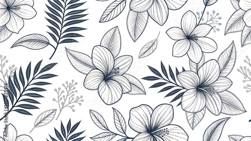 Wallpaper Mural Elegant Blue Floral Pattern with Hibiscus and Fern Leaves on White Background Torontodigital.ca