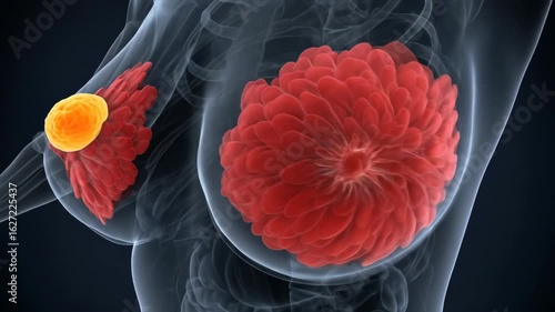 Anatomical illustration of the human breast focusing on skeletal structure and red and orange mammary glands depicting a medical and scientific visualization for diagnostic and educational purposes