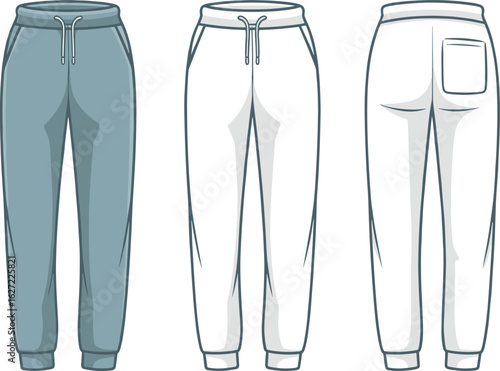 Men’s jogger pants vector illustration, front and back view, technical flat fashion sketch, contrast panel style, drawstring waist, cuffed ankle, editable apparel template