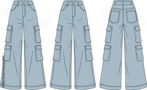 Women’s cargo-style skirts, cad drawing flat vector illustration, front fashion sketch design, utility pocket layout, apparel garment template