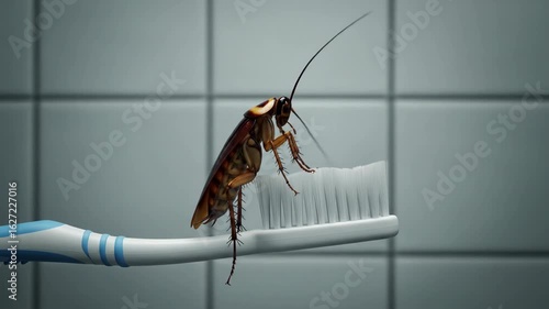 Close up shot of a cockroach on a toothbrush illustrating hygiene and pest control challenges in a bathroom setting highlighting pest presence and potential health issues