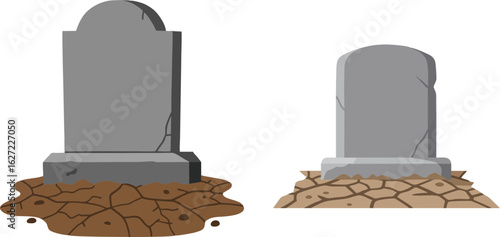 Flat vector gravestone with RIP text and dry grass around it, muted grey tones