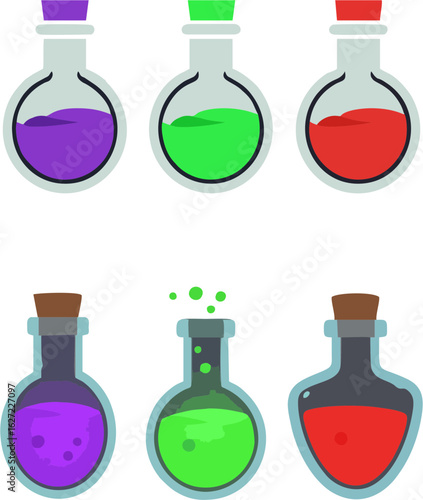Laboratory glassware set with colorful liquids for science and research illustration