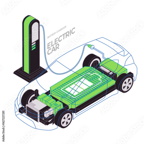 Transparent outline of electric car charged at a station revealing internal battery pack and electric motor components highlighting transportation technology