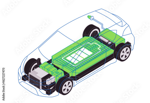 A translucent blue outline of an electric car reveals green internal components the battery pack and electric motor emphasizing the core technology electric vehicles