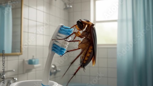 Conceptual image of a cockroach on a toothbrush in a bathroom setting representing pest control and hygiene challenges a surreal juxtaposition of cleanliness and insect