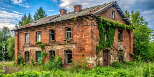 Abandoned old brick house with overgrown vegetation and weeds in Kimry city streets