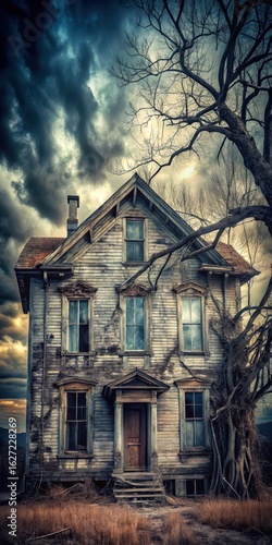 Faded facade of abandoned house with shattered windows