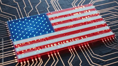 Digital artwork of the American flag blended with circuit board elements, symbolizing technology, communication, and digital transformation, ideal for tech, innovation, and high-tech themed projects
