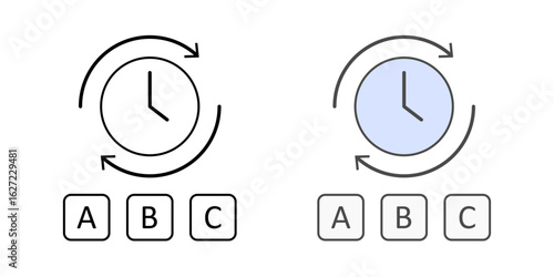 Spaced repetition reminder icon with clock, arrows, and letters. Perfect for memory-based learning apps and educational UI design.