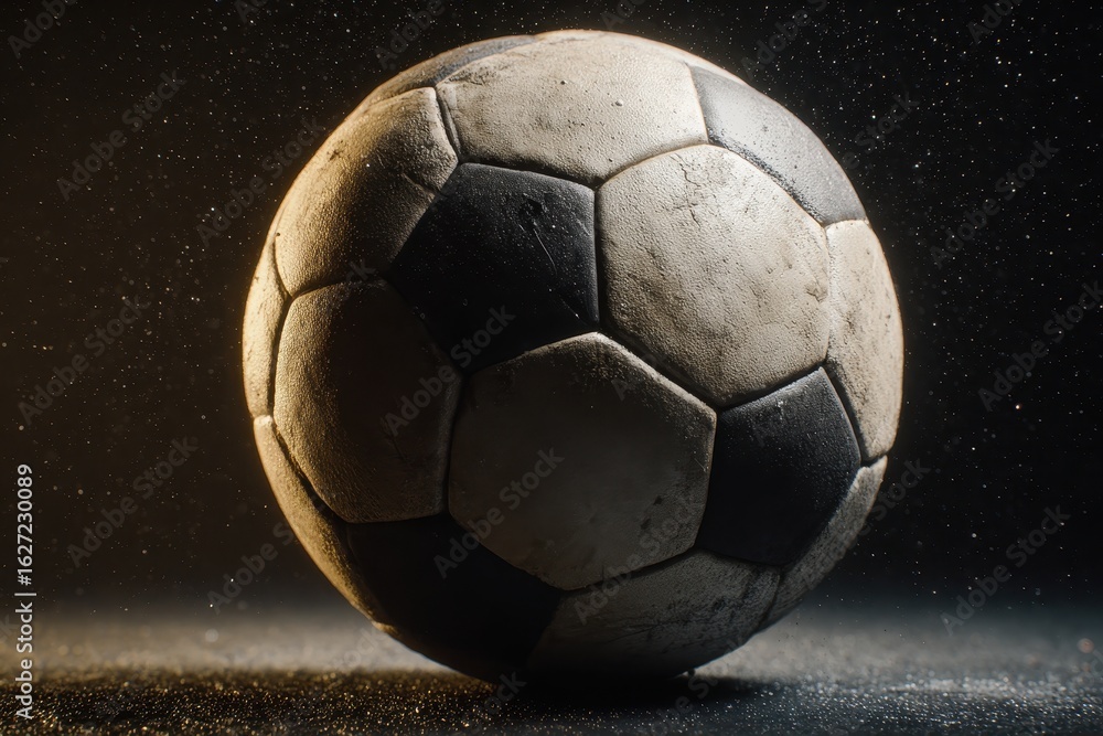 Fototapeta premium Worn soccer ball on field, dust in air. Sports ad, game day, athletics use