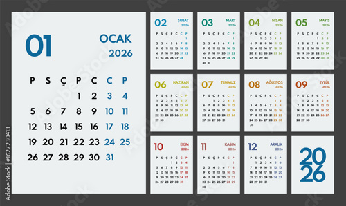 2026 year monthly office planner, calendar starts monday, two colorful weekends, white background, turkish months name
