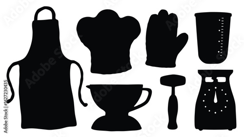 Kitchenware collection apron chef hat oven mitts measuring cup mixing bowl potato masher scale