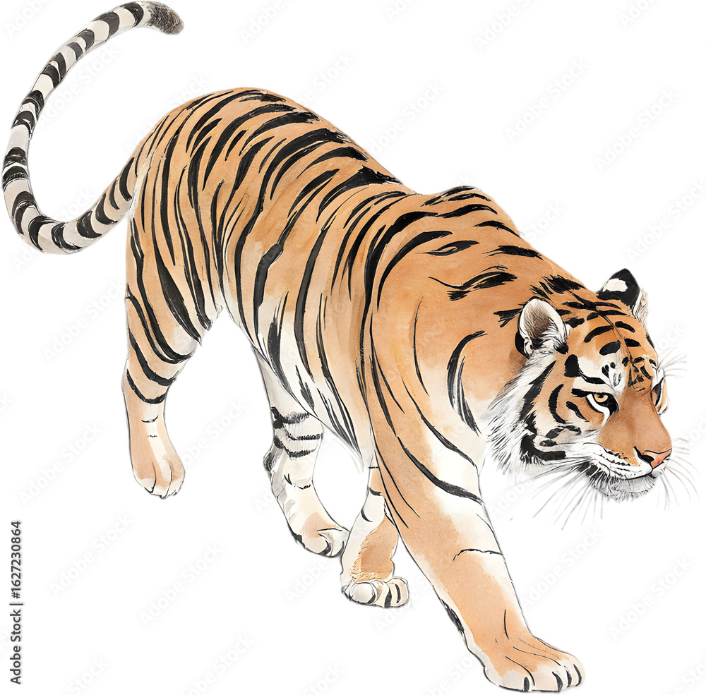 Obraz premium Stunning hand-painted tiger, a traditional art masterpiece. Ideal for nature lovers and fine art enthusiasts.