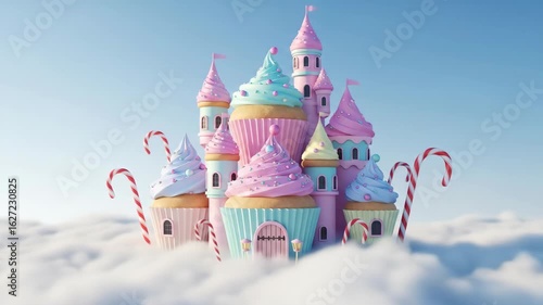 Dreamy confectionery castle illustration with cupcakes and candy canes on a cloudscape background artistic design featuring a pastel color palette of pinks blues 
