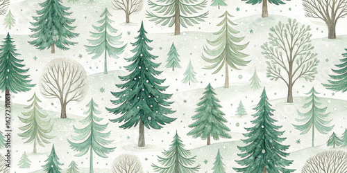 Charming watercolor forest with gentle snowfall and festive fir trees creates a serene winter wonderland scene.