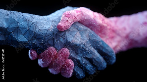 Polygonal handshake in blue and pink, clean partnership icon on dark background for business collaboration and networking