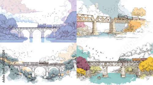 Scenic watercolor-style trains crossing over bridges in peaceful countryside landscapes during different seasons, capturing quiet travel moments and nostalgic charm.

